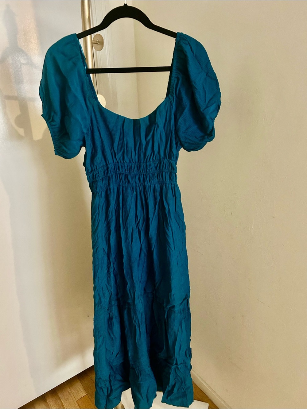 MAX + ASH Teal Puff Sleeve Midi Dress Cottagecore Smocked Dress Size L